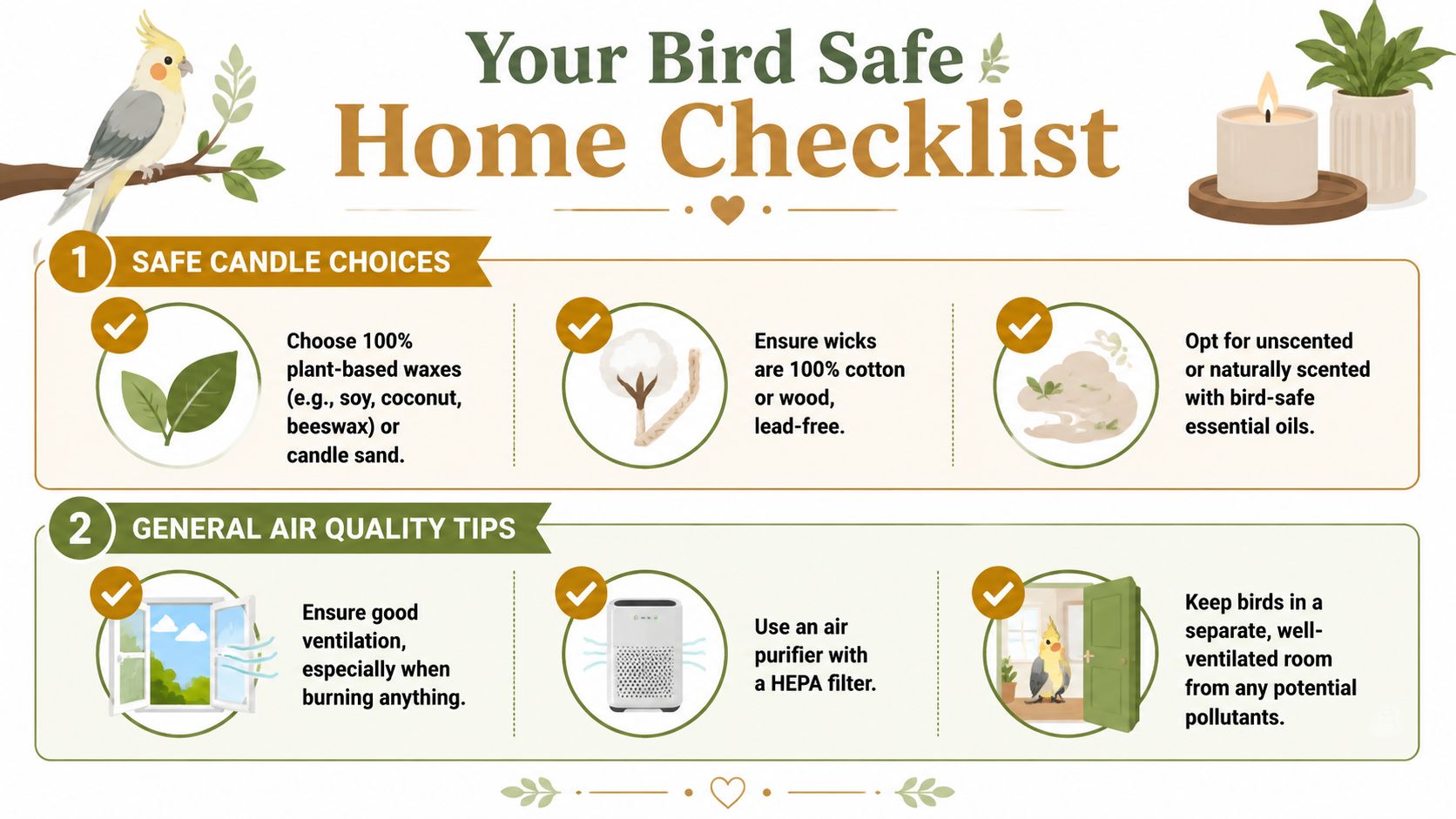 An infographic checklist for creating a bird-safe home environment with candle and air quality safety tips.