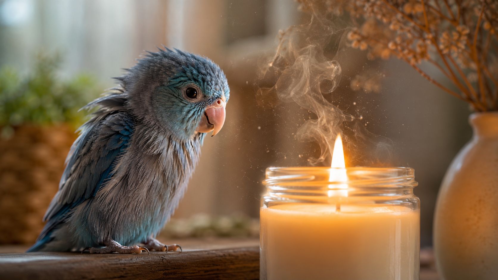 A fluffy blue parrotlet looking intently at a small lit candle in a glass jar.