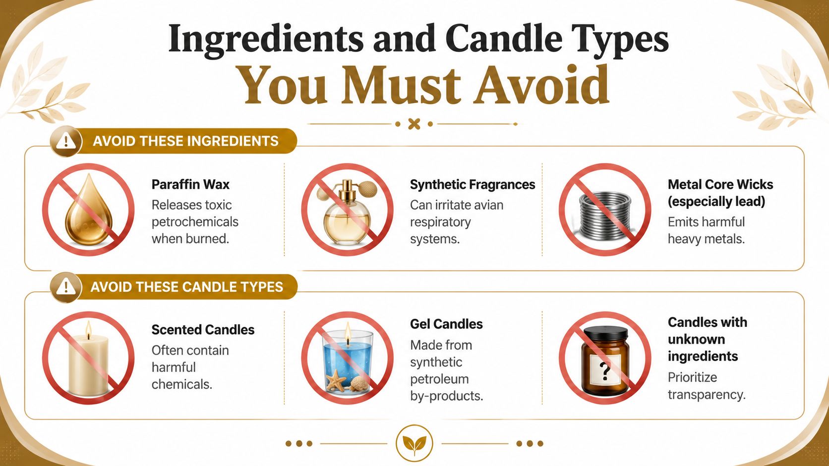 An infographic detailing harmful ingredients and types of candles that bird owners should avoid for pet safety.