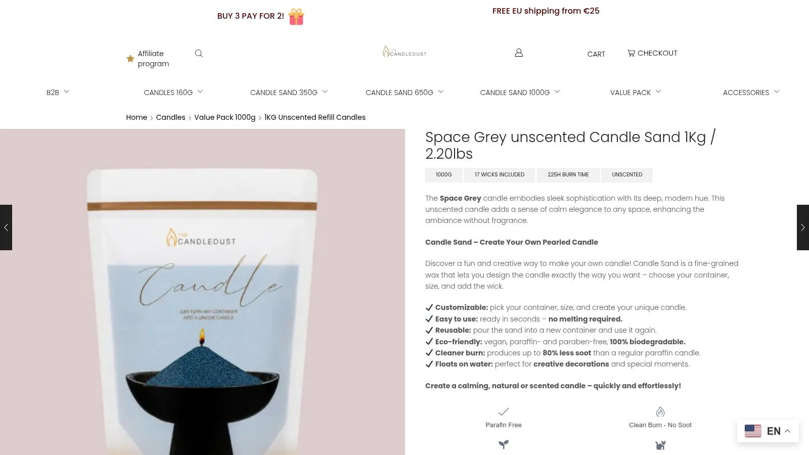 Screenshot from https://thecandledust.com/shop/candles/value-pack/1kg-unscented-refill-candles/space-grey-unscented-candle-sand-1kg-2-20lbs/