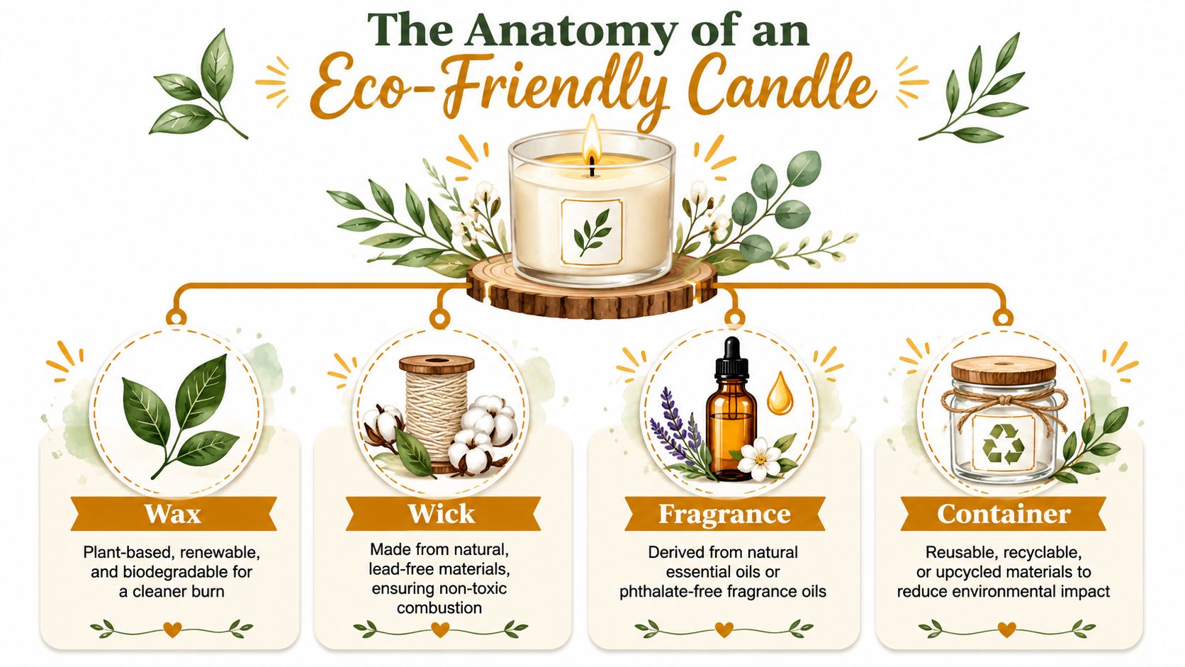 A visual guide explaining the key components of an eco-friendly candle including natural wax, wicks, and containers.