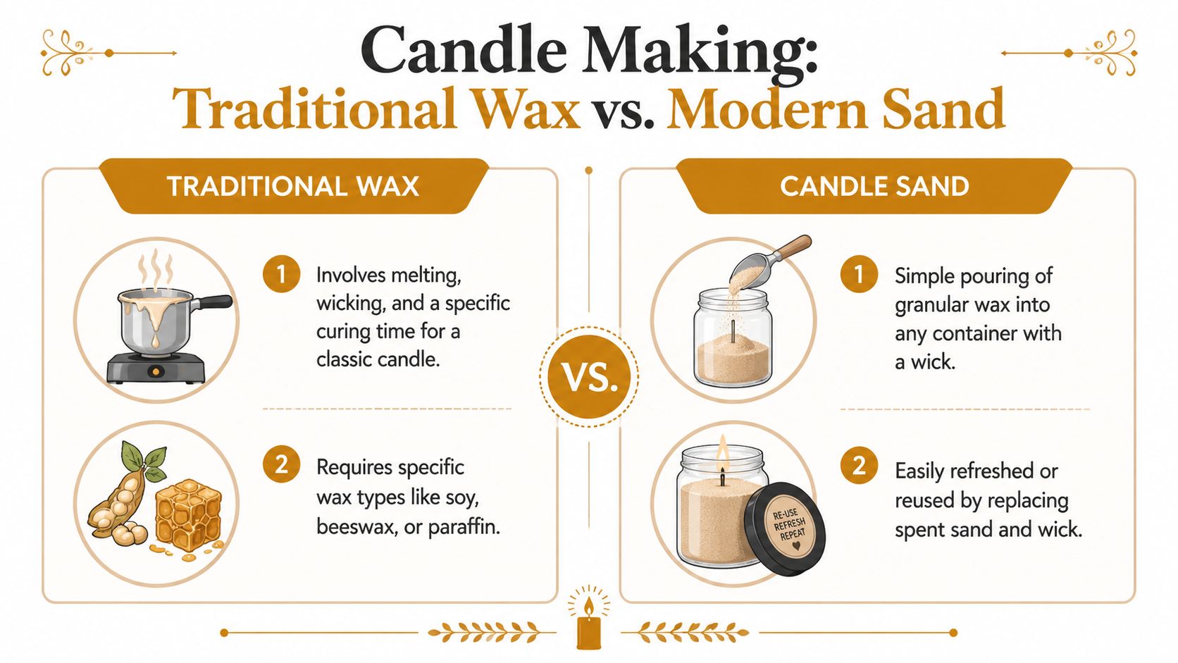 A comparison infographic between traditional candle wax making and modern sand candle making methods.