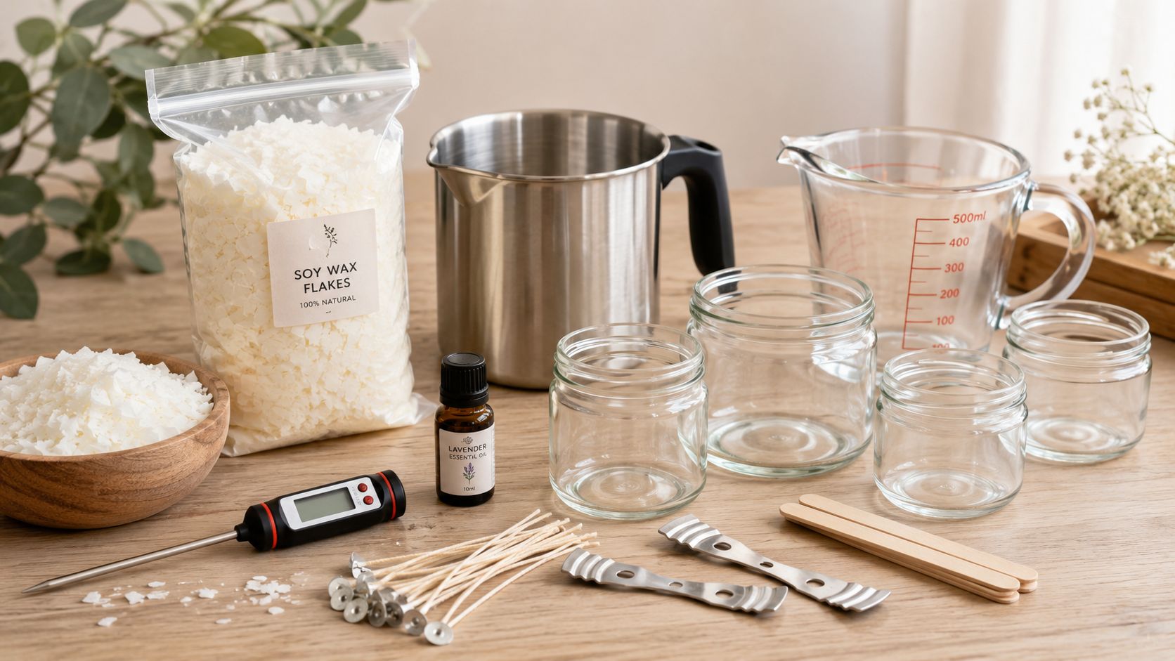 A complete starter kit for making DIY jar candles featuring soy wax flakes, essential oil, and tools.