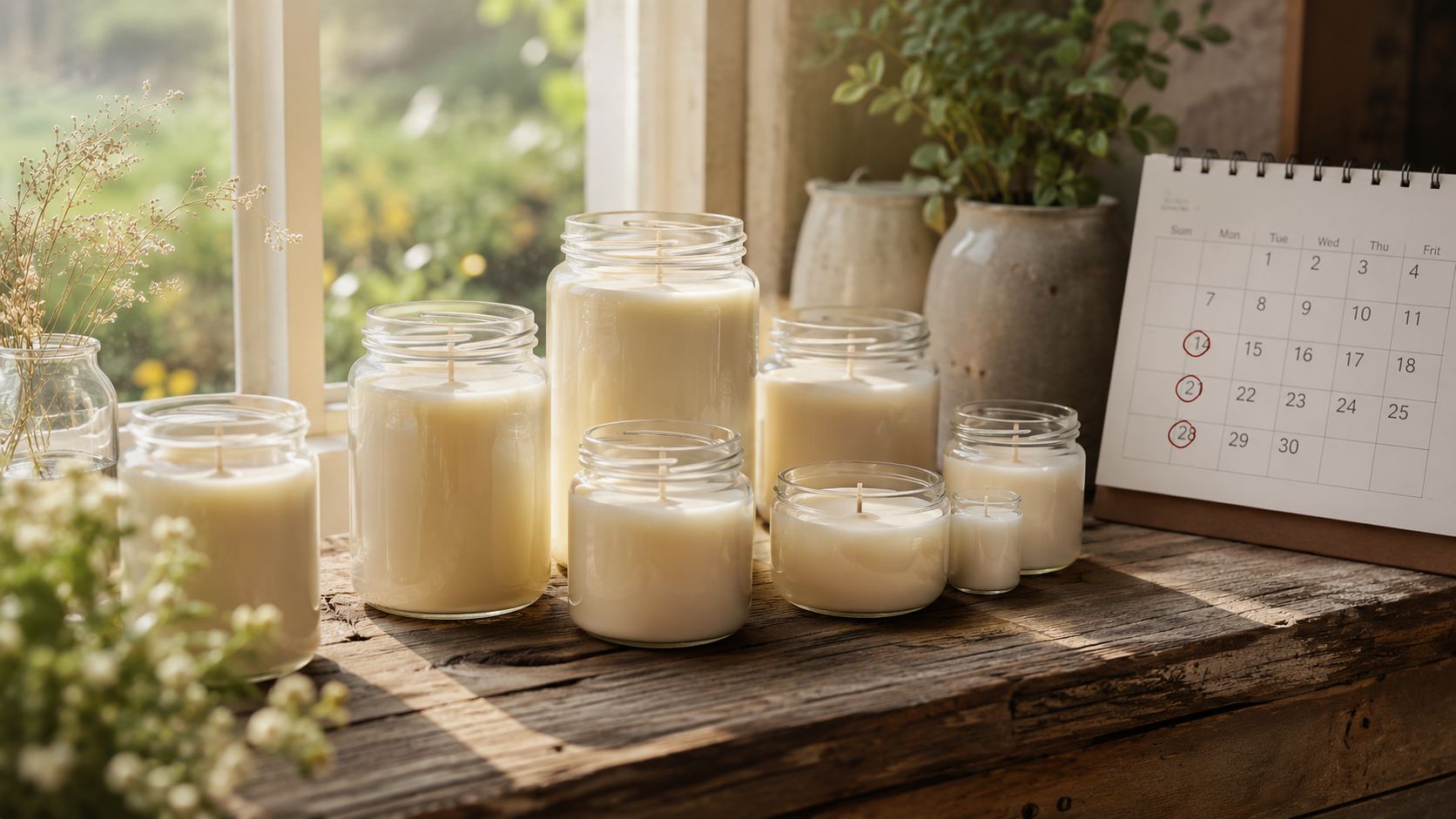 A collection of handmade candles in glass jars arranged on a rustic wooden table by a window.