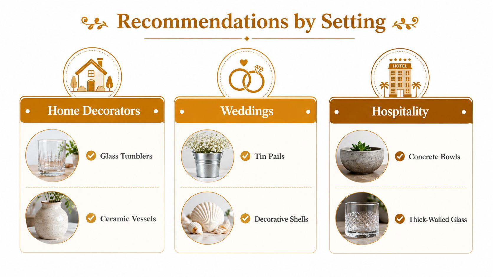 A chart showing recommendations for candle containers for home decor, wedding events, and hospitality businesses.