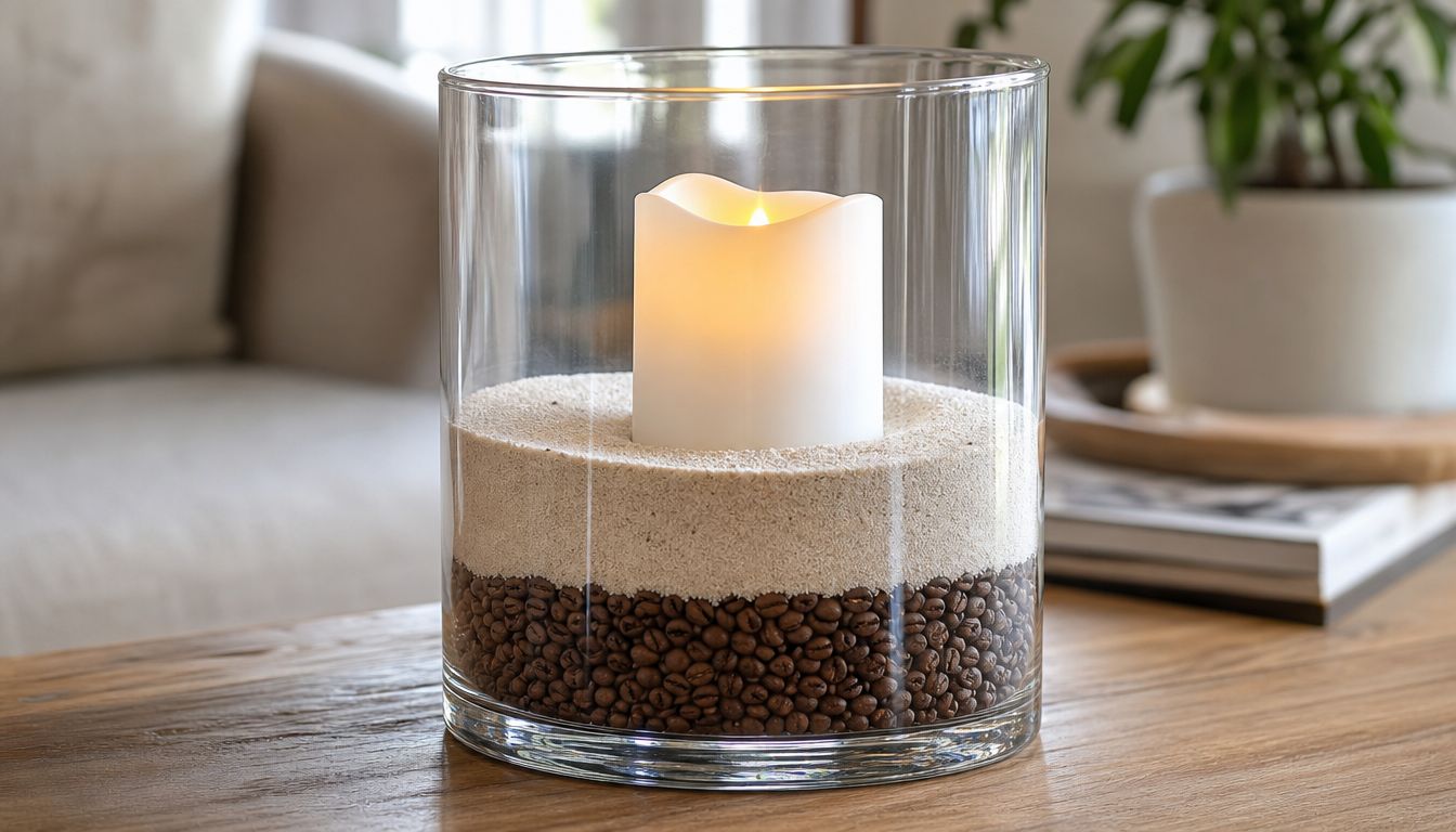 A glass candle holder containing layers of coffee beans and sand with a glowing LED candle inside.