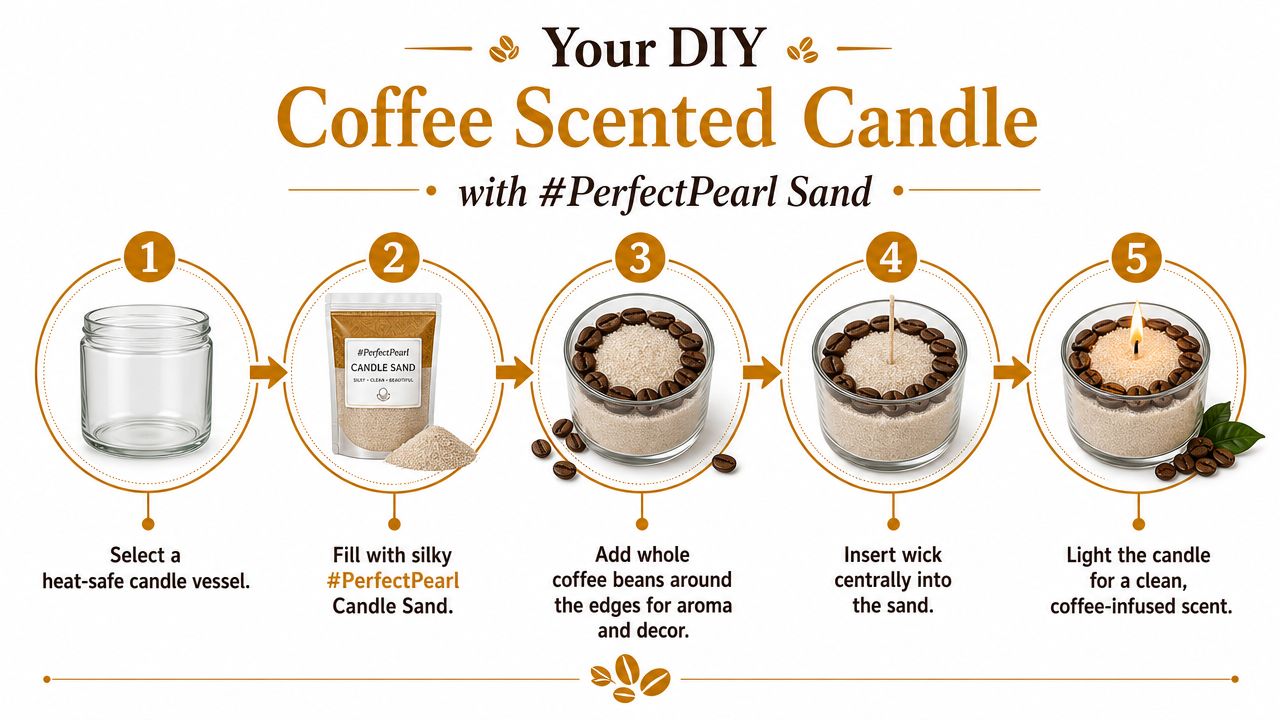 A step-by-step infographic showing how to create a DIY coffee-scented candle using candle sand.