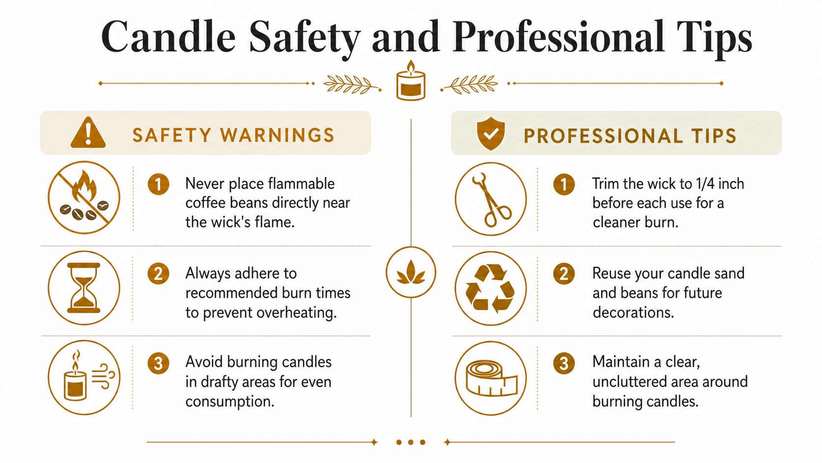A safety and care guide infographic for candles containing coffee beans, presented with six clear numbered tips.