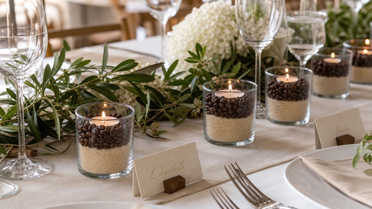 A sophisticated table setting featuring coffee bean candles, place cards, and greenery for a wedding event.