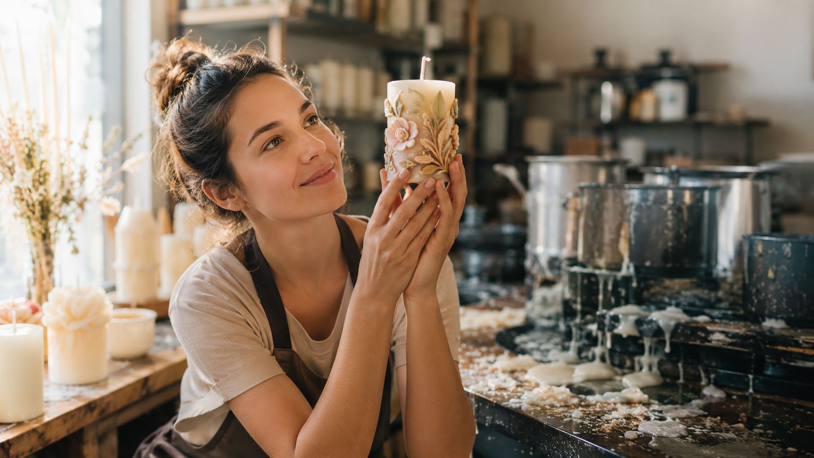 A female artisan in an apron holding a decorative floral candle in her workshop.