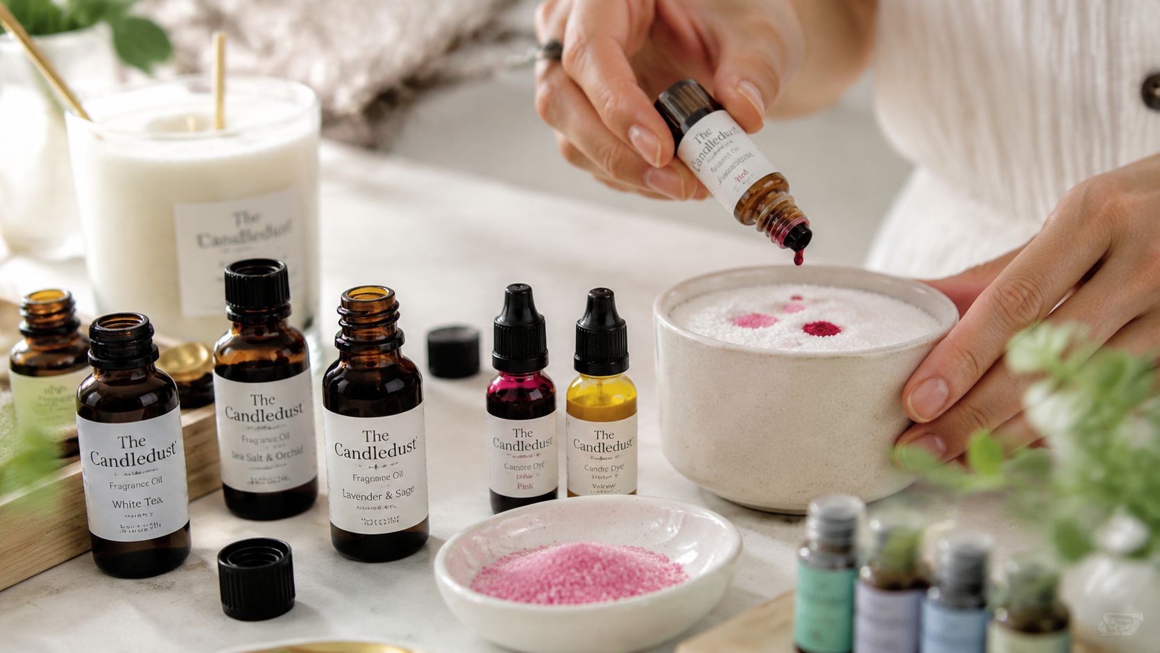 A person crafting a custom candle by adding drops of red fragrance oil into white candle dust.