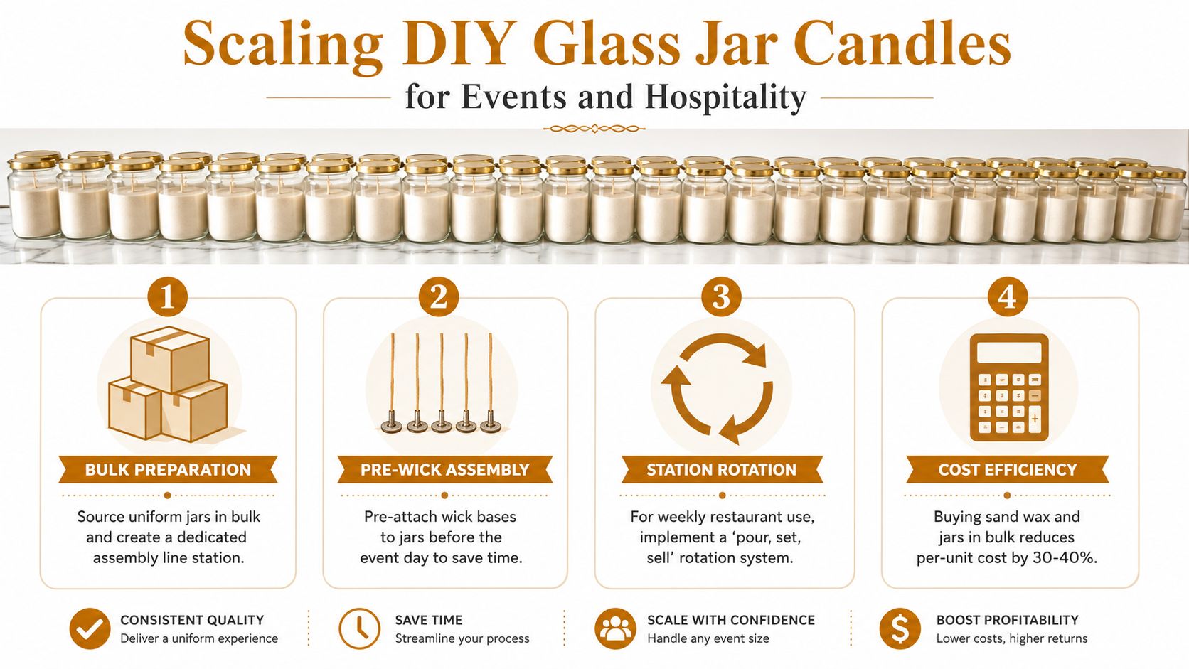 A process guide for scaling DIY glass jar candle production with four numbered steps and icons.