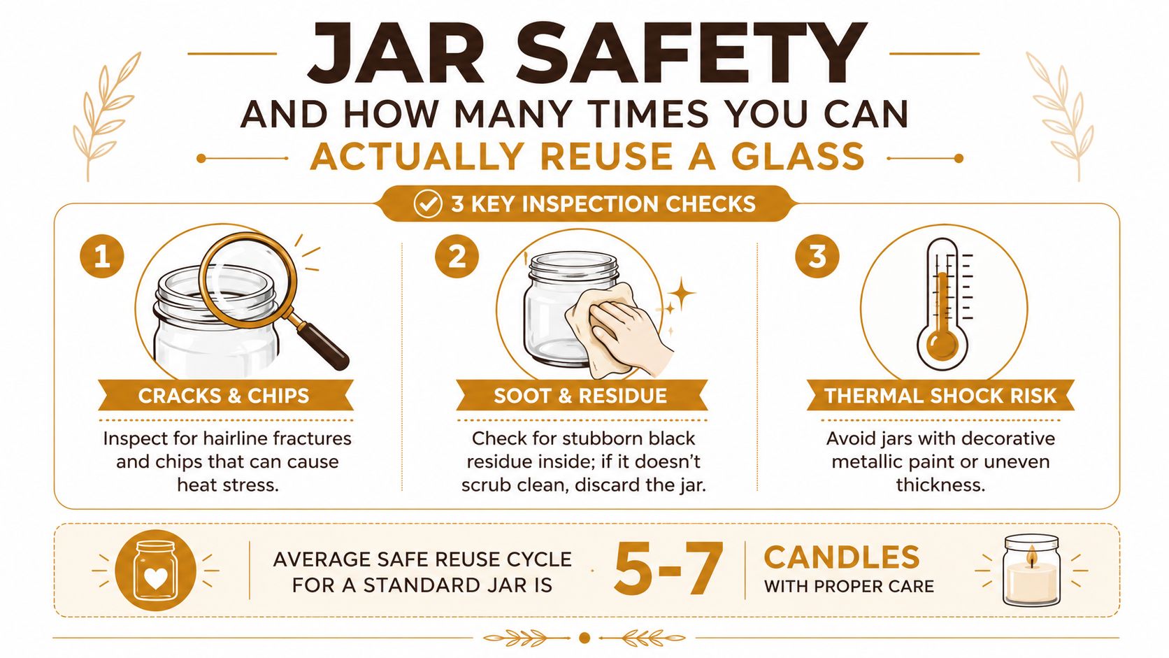An infographic showing three safety inspection steps for reusing candle jars safely, including checking for cracks, residue, and thermal shock.