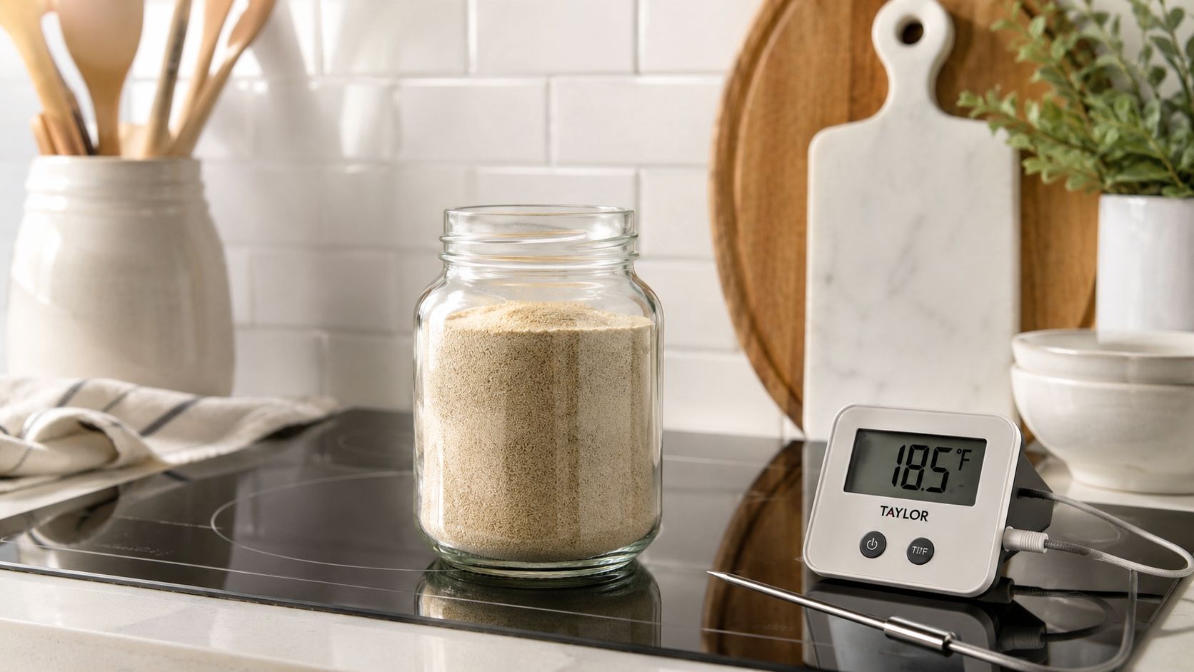 A glass jar filled with candle wax and a digital thermometer resting on a kitchen stovetop.