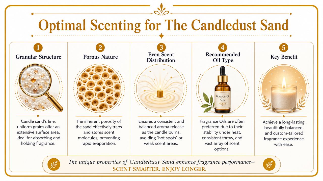An infographic explaining the benefits of using Candledust sand for optimal fragrance oil diffusion in candles.
