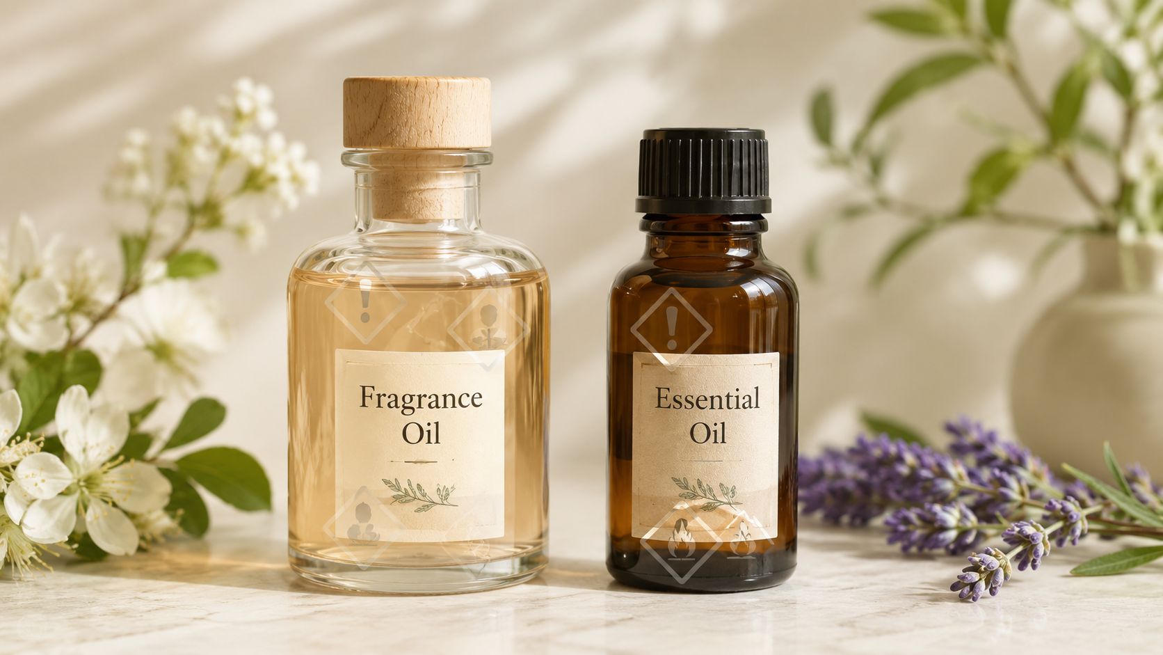 A glass bottle of fragrance oil and a brown glass bottle of essential oil side-by-side on marble.