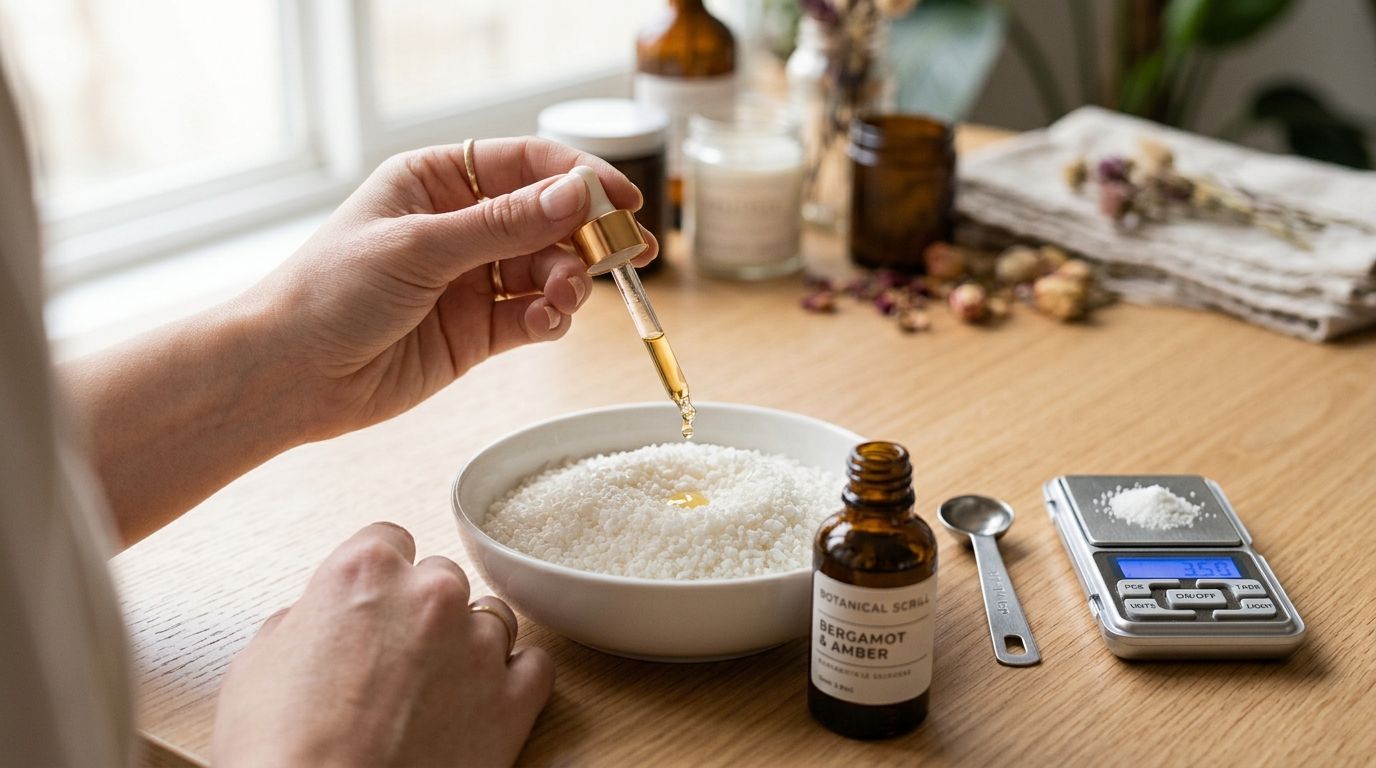 A person crafting homemade skincare products by adding drops of fragrance oil into a bowl of wax.