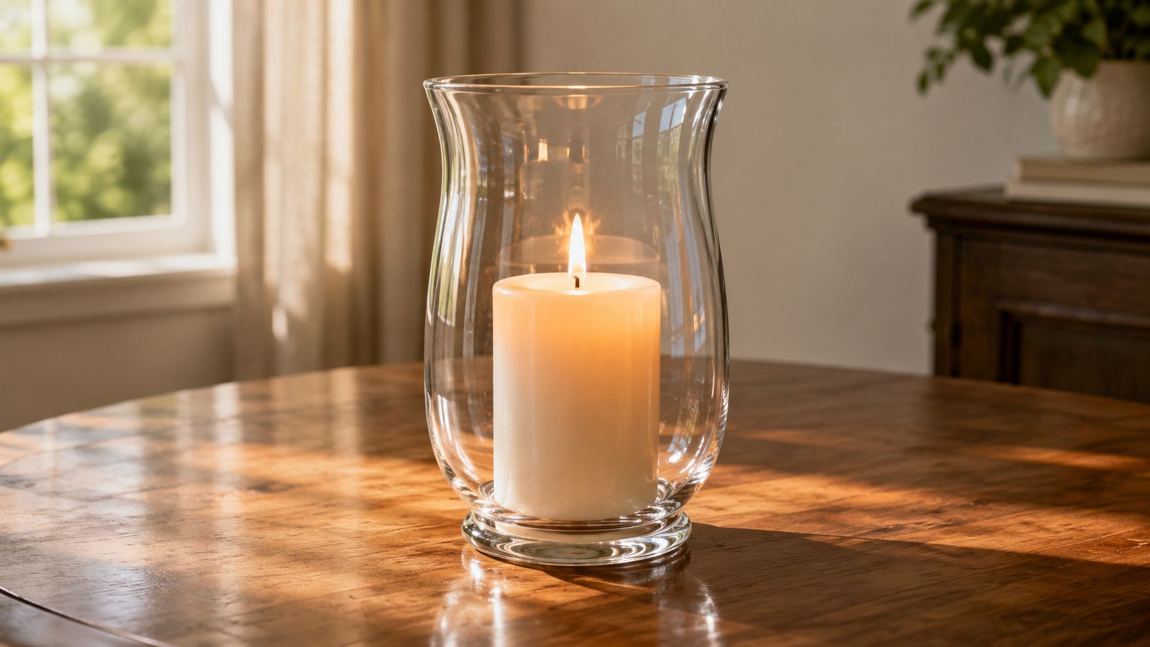 A large cream-colored pillar candle glows inside a clear glass hurricane lantern on a wooden table.