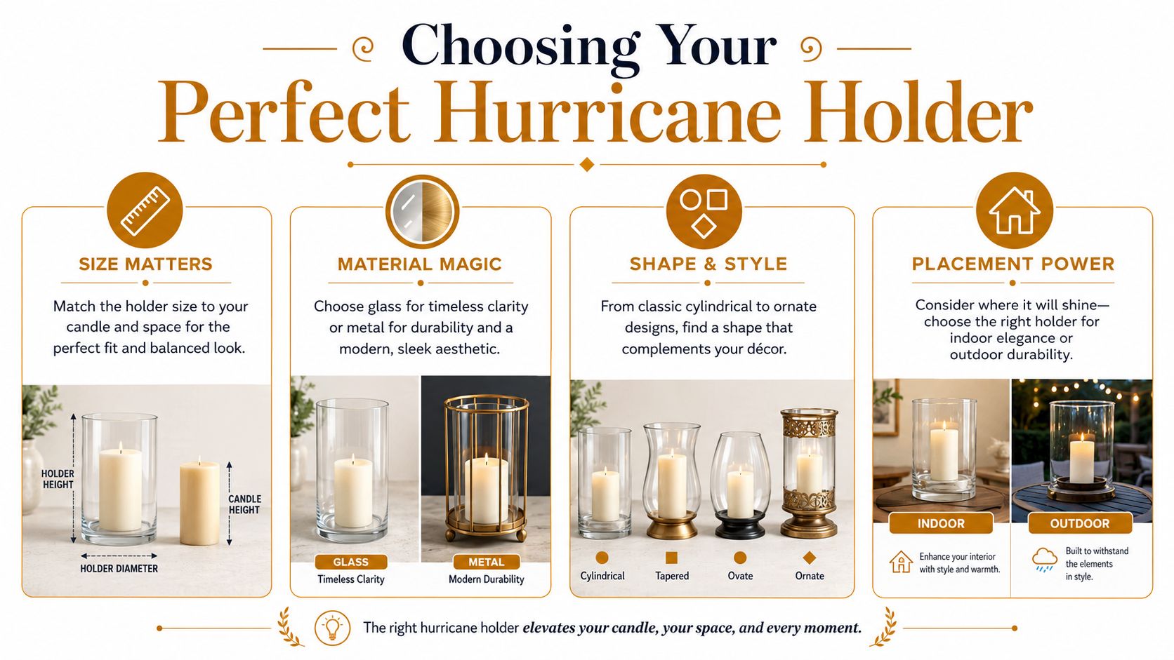 An infographic titled Choosing Your Perfect Hurricane Holder detailing tips on sizing, materials, shapes, and placement.