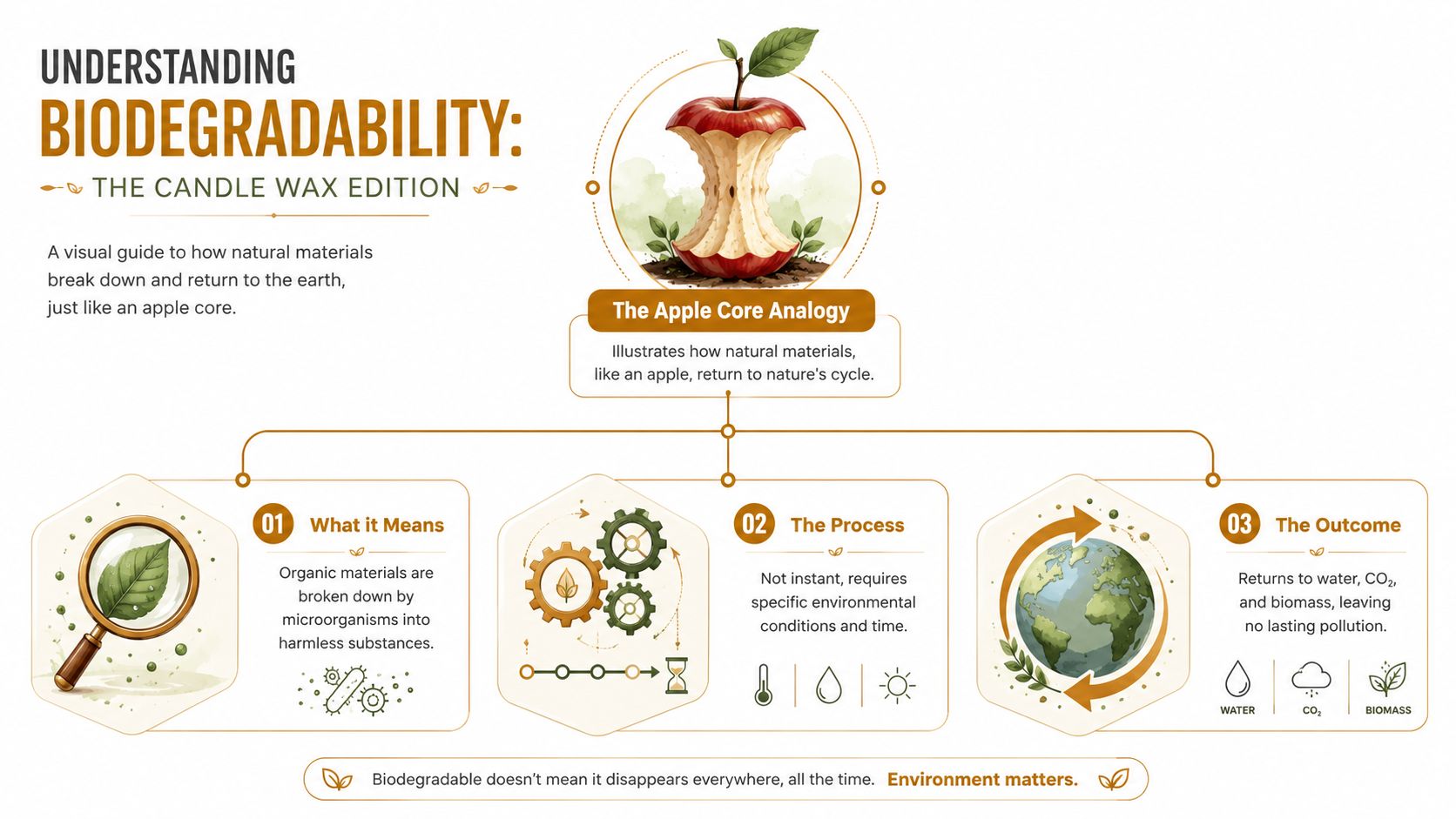 An infographic explaining the concept of biodegradability using an apple core as a natural analogy.
