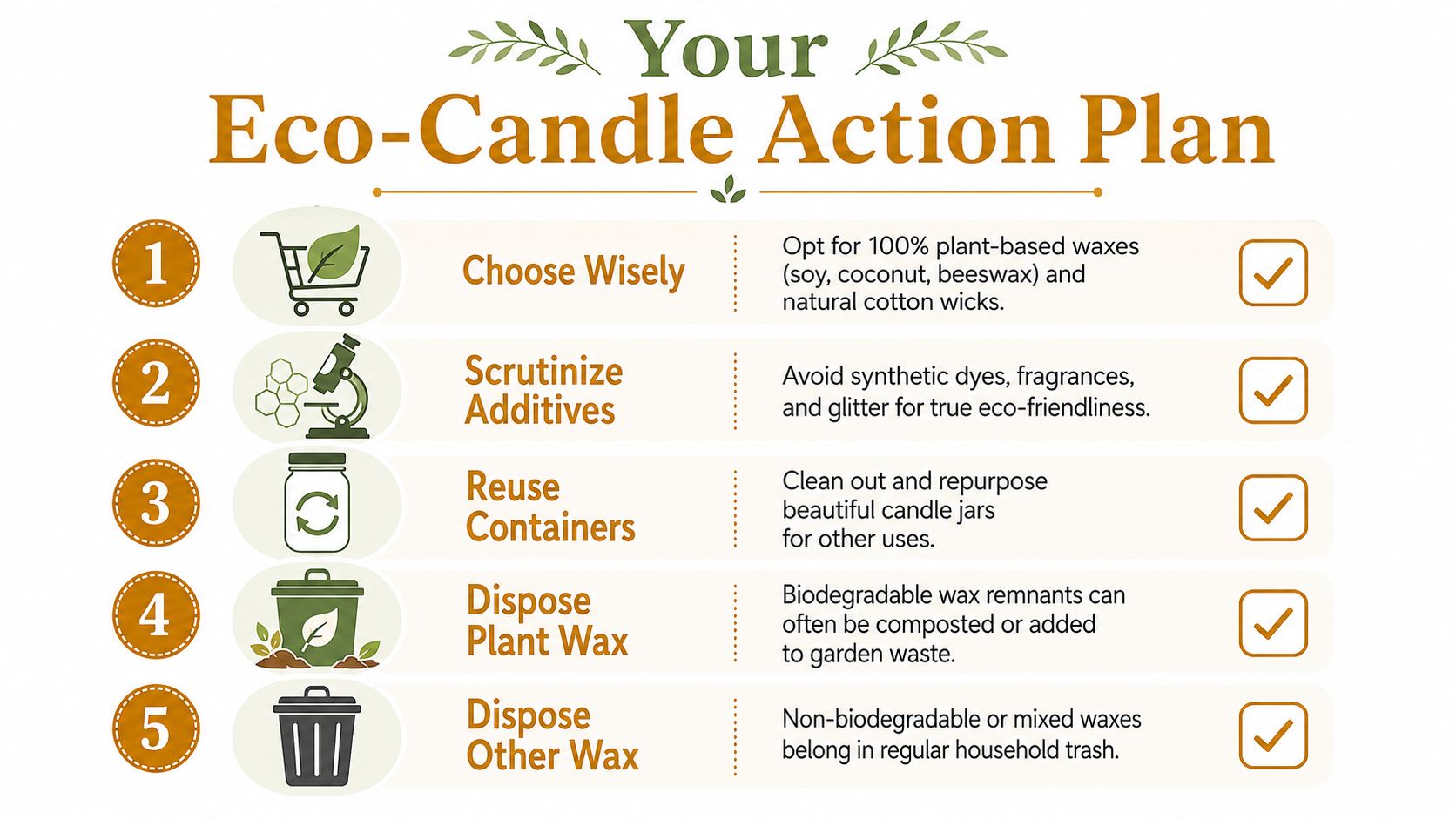 An infographic showing a five-step eco-friendly action plan for choosing, using, and disposing of candle wax.