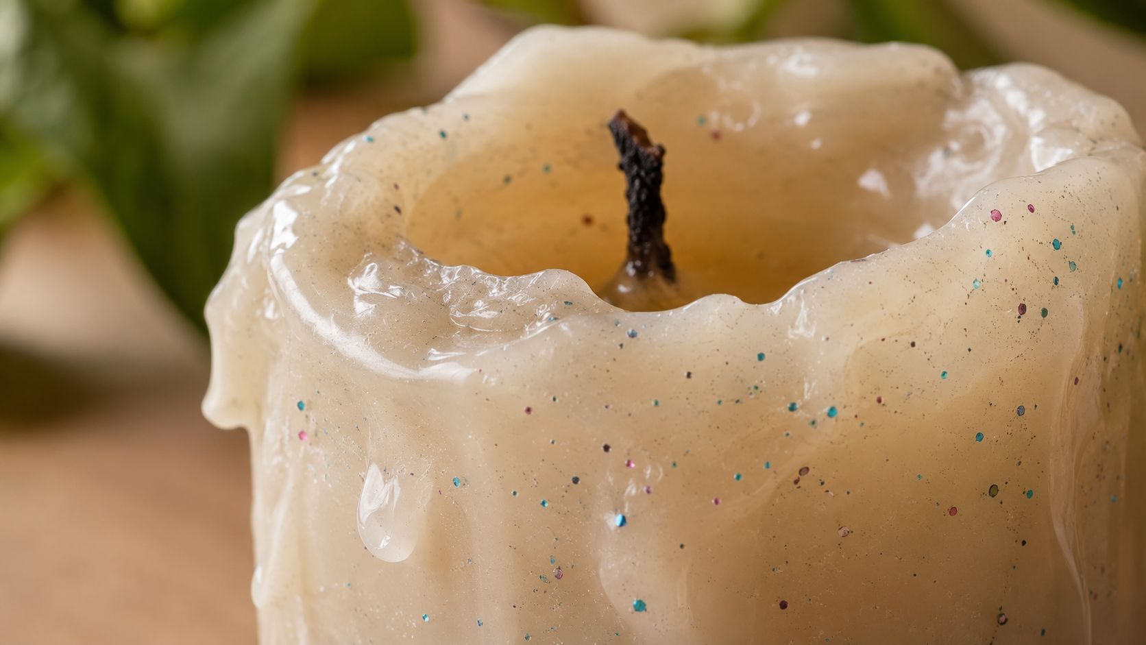 Close-up of a weathered, melting candle covered in sparkling glitter, resting against a blurred green background.