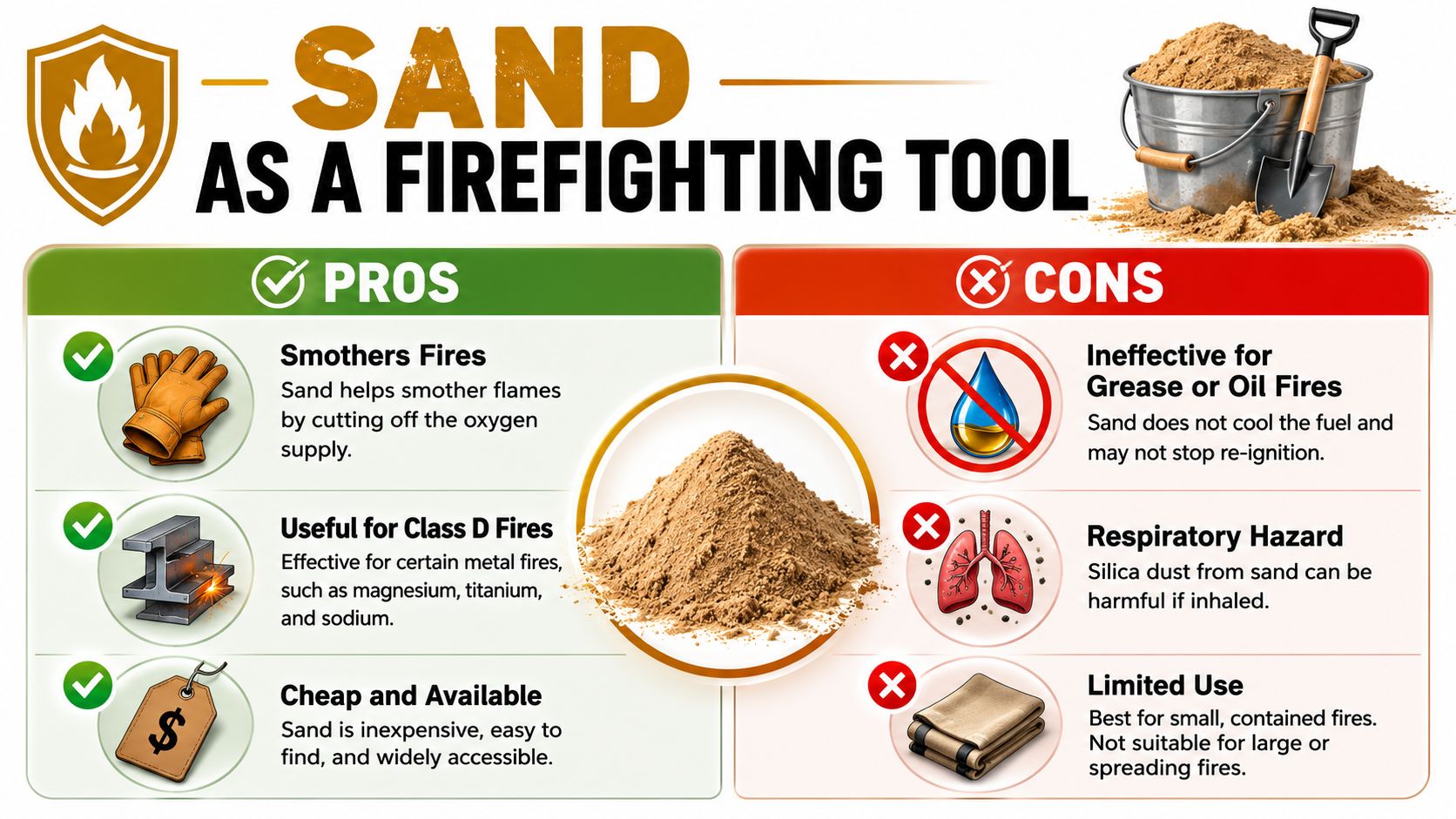 An infographic showing the pros and cons of using sand as a tool to fight fires.