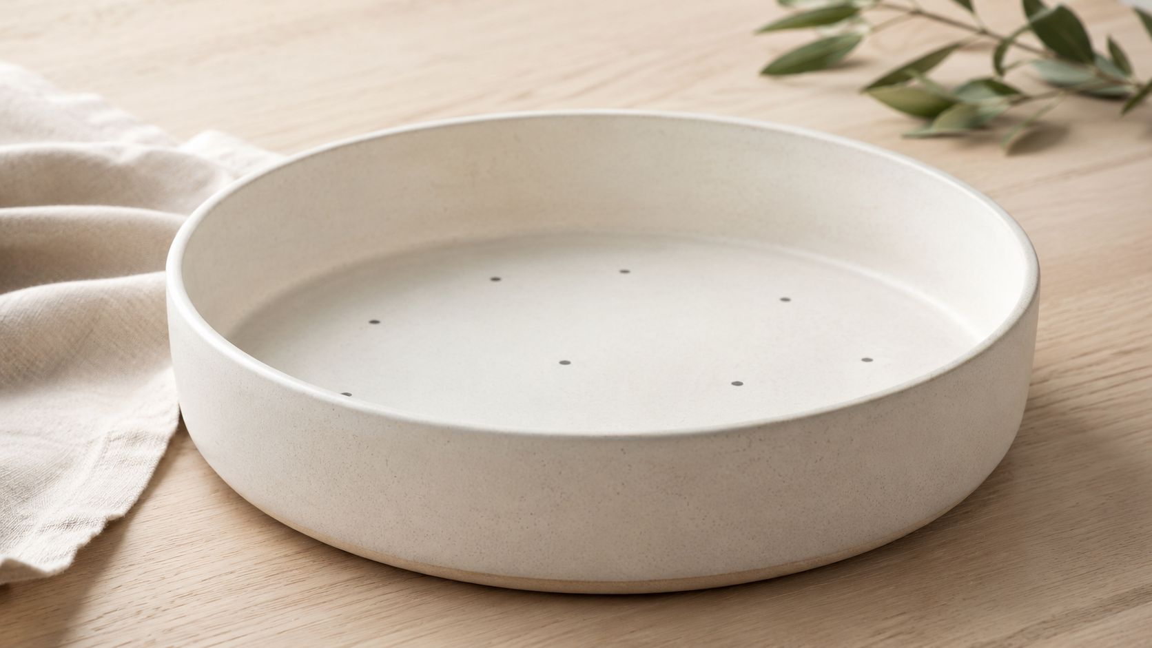 A wide, shallow white ceramic vessel with small drainage holes sitting on a light wooden table surface.