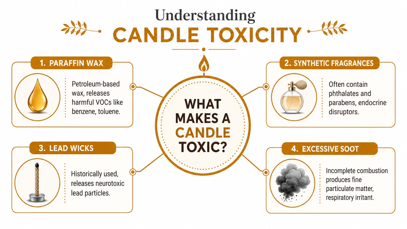 An infographic detailing four main causes of candle toxicity, including paraffin wax, synthetic fragrances, lead wicks, and soot.