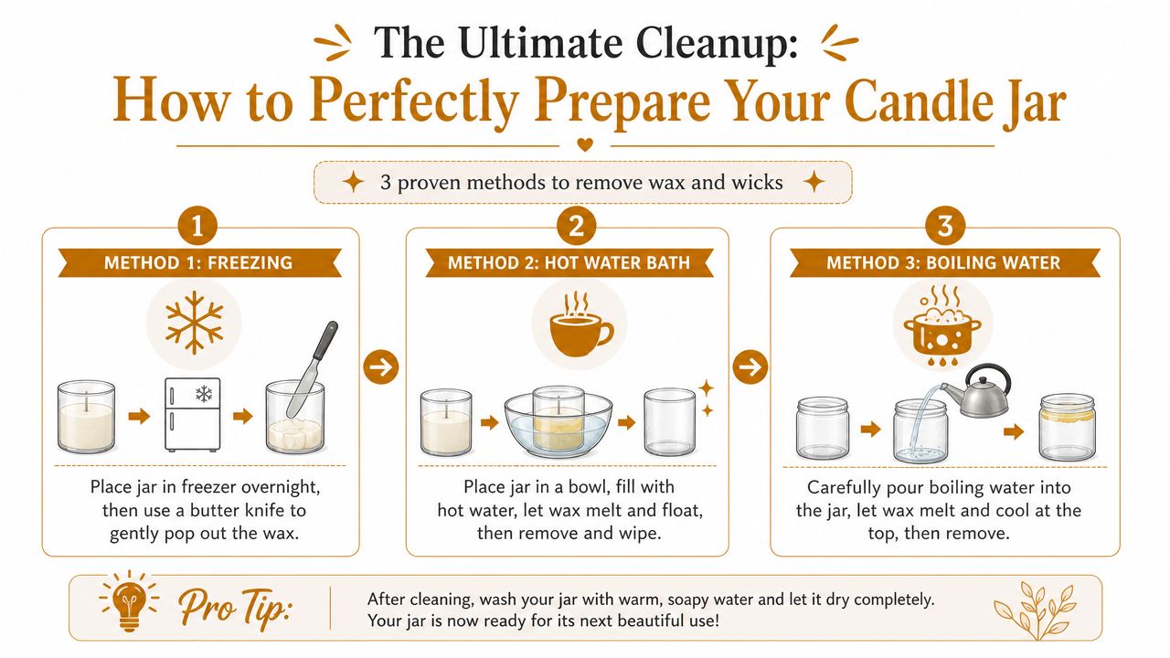 An infographic showing three easy methods to clean and remove wax from empty candle jars.