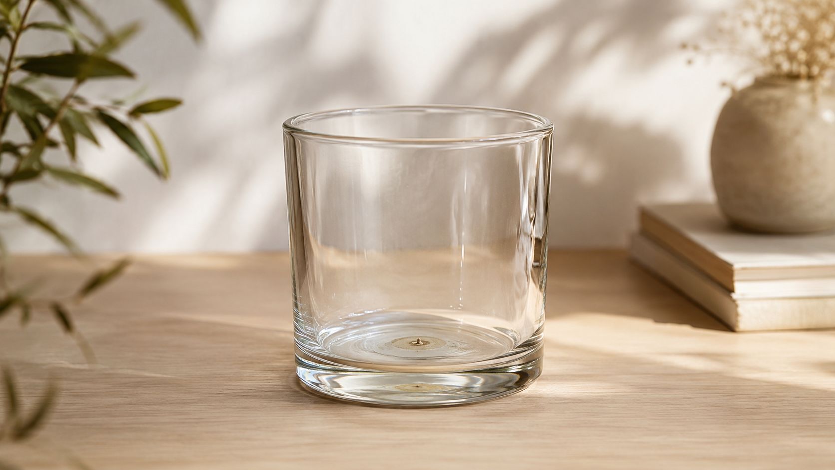 An empty clear glass candle jar sitting on a wooden table with blurred decor in the background.