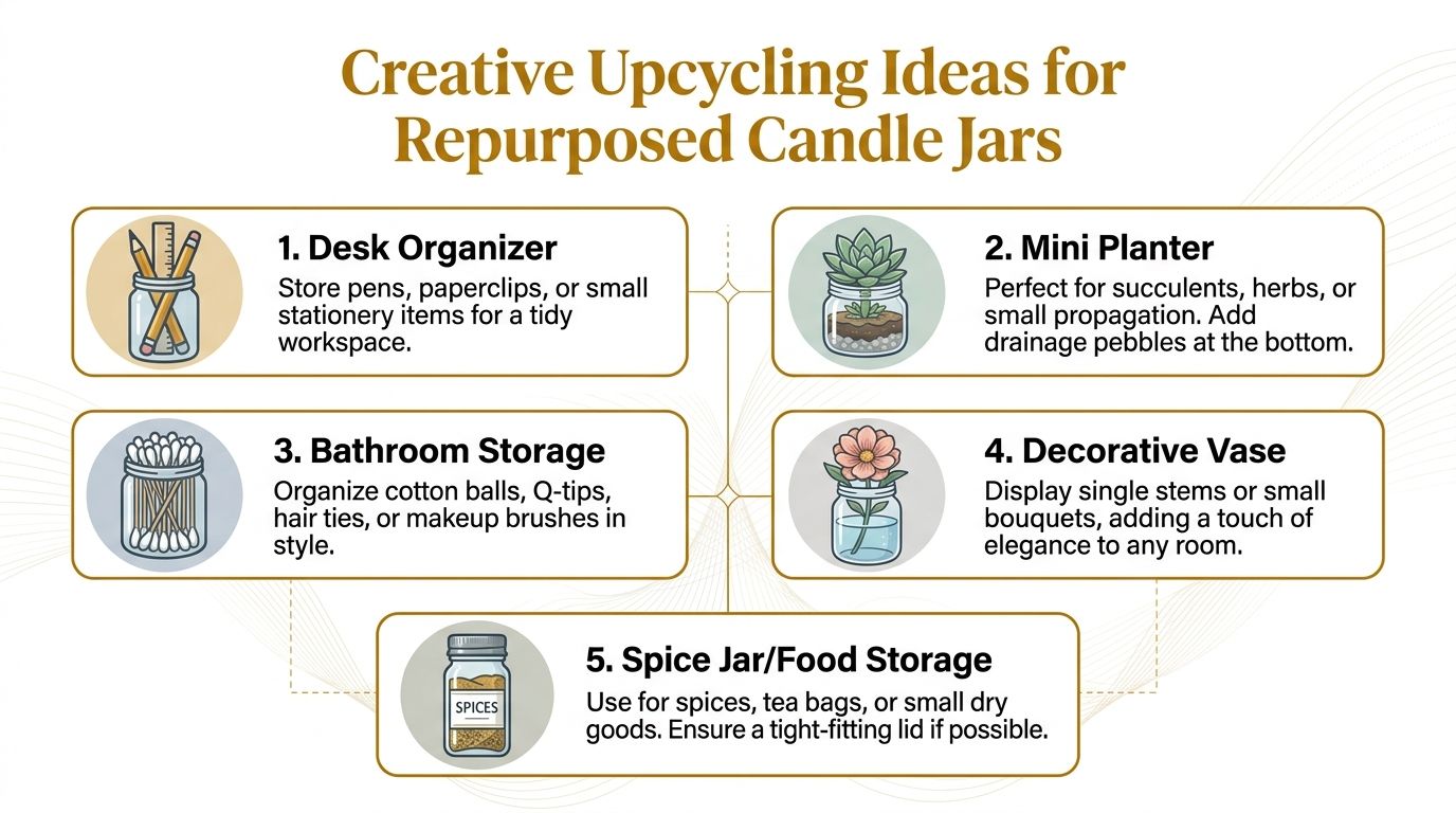 An infographic showing five creative ways to upcycle and repurpose old candle jars for household organization.