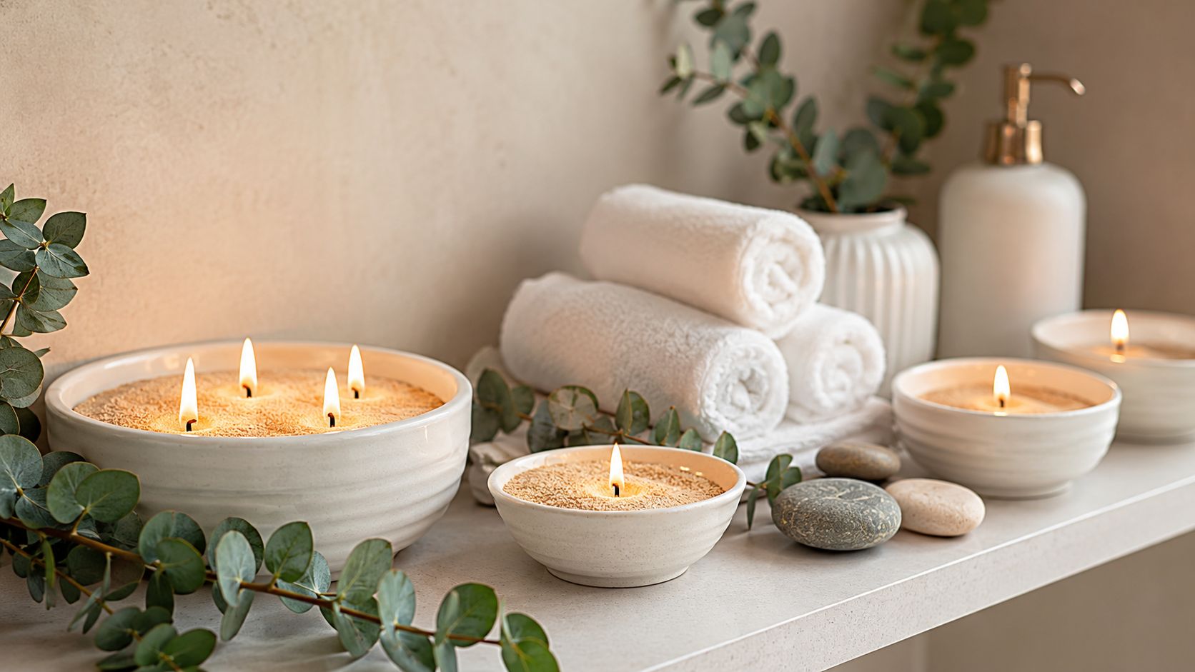 A serene bathroom spa setup with scented candles, rolled white towels, eucalyptus branches, and decorative smooth stones.
