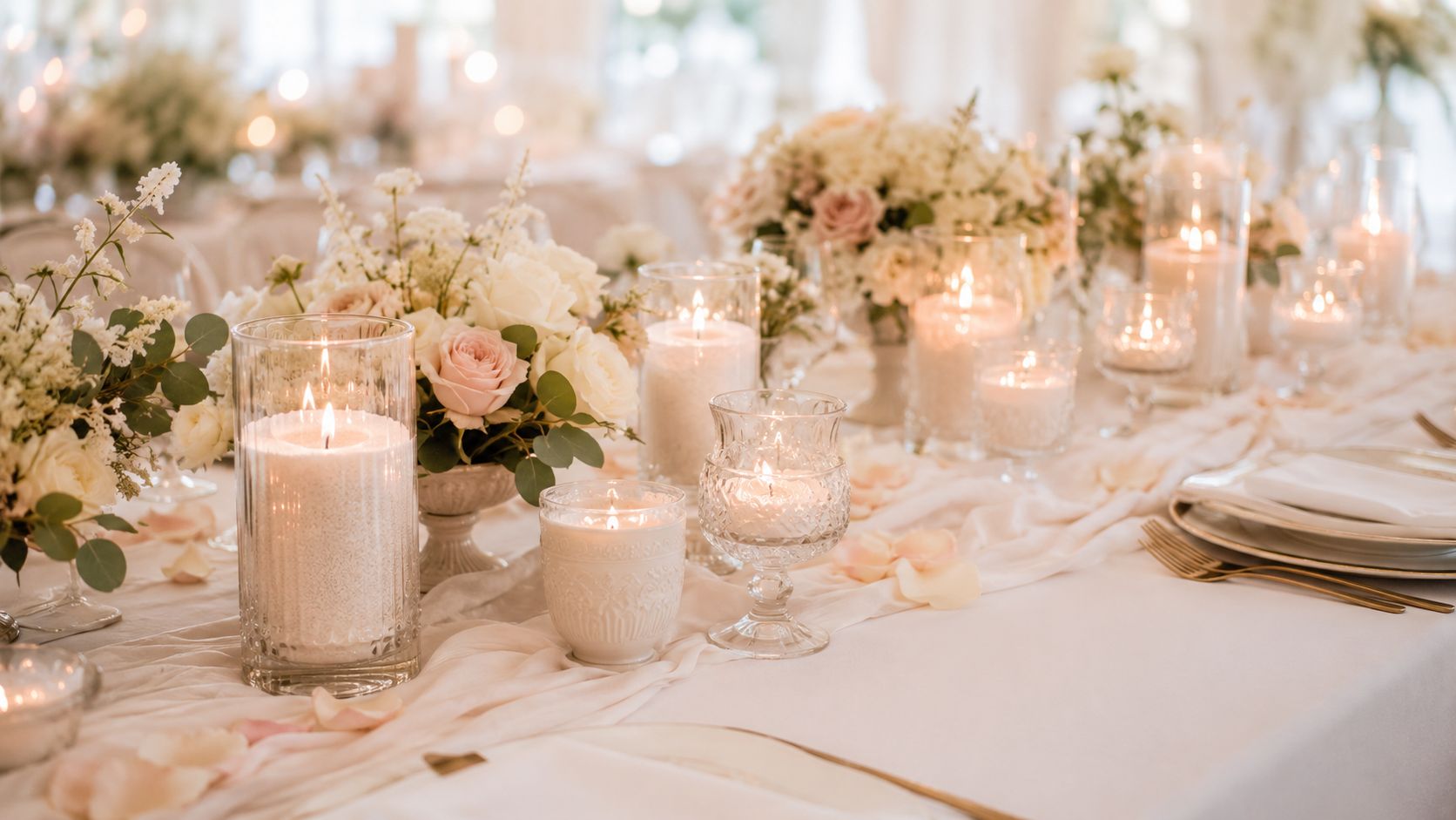 Elegant wedding table setting with romantic flowers, glowing scented candles, and soft fabric table runner.