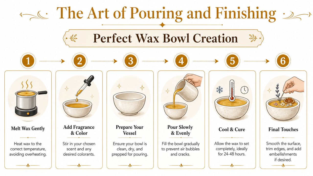 A step-by-step infographic titled The Art of Pouring and Finishing showing how to make wax bowls.