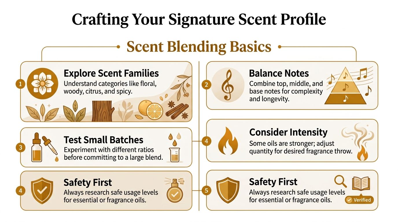 An infographic titled Crafting Your Signature Scent Profile showing five essential steps for blending fragrance oils.