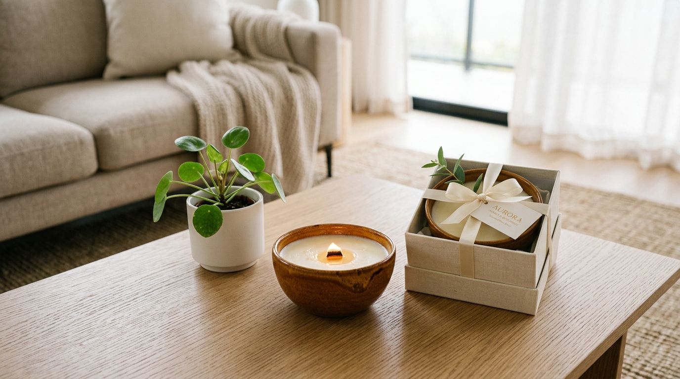 A minimalist living room table displays a potted plant, a lit candle in a ceramic bowl, and a gift-wrapped candle.