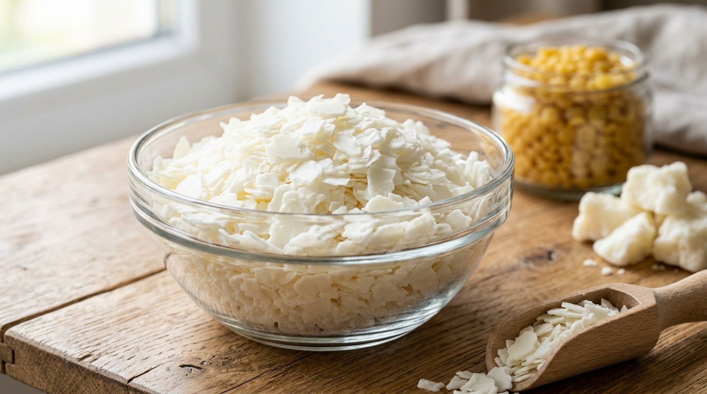 A glass bowl filled with white soy wax flakes on a rustic wooden table with additional supplies.