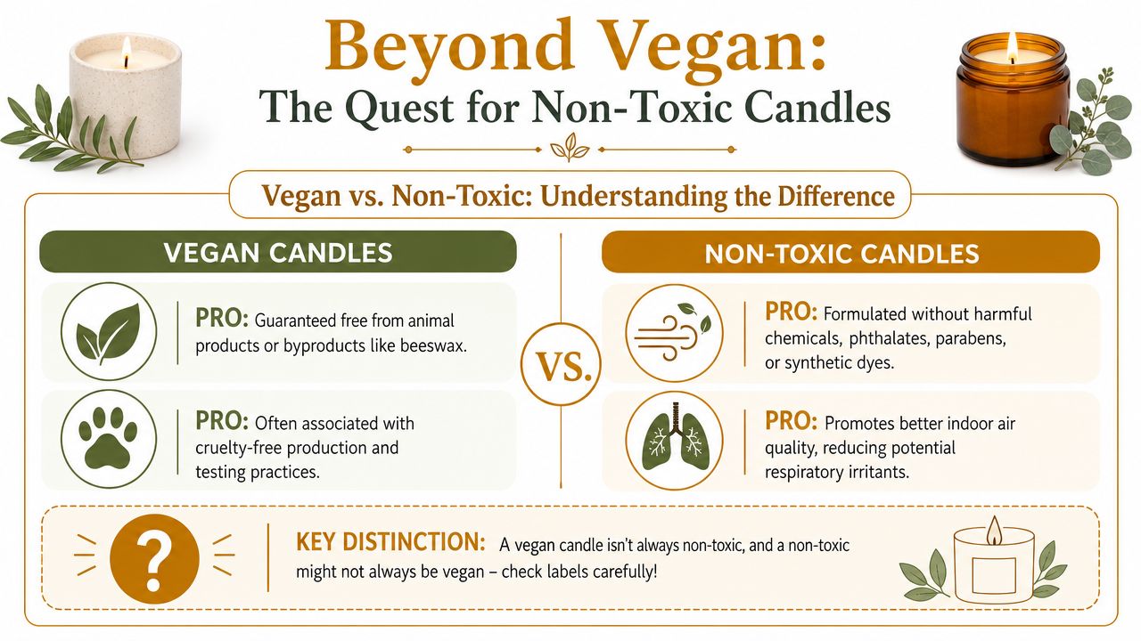 A comparison chart explaining the differences between vegan candles and non-toxic candles for health-conscious consumers.