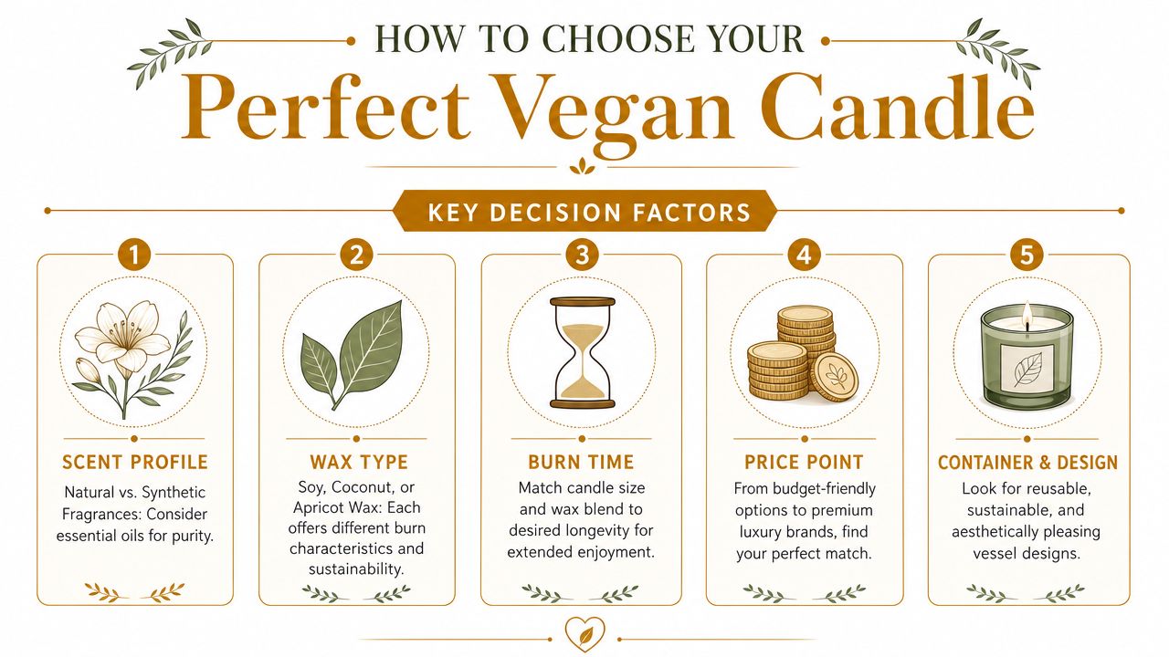 An infographic titled How to Choose Your Perfect Vegan Candle listing five key decision factors for buyers.
