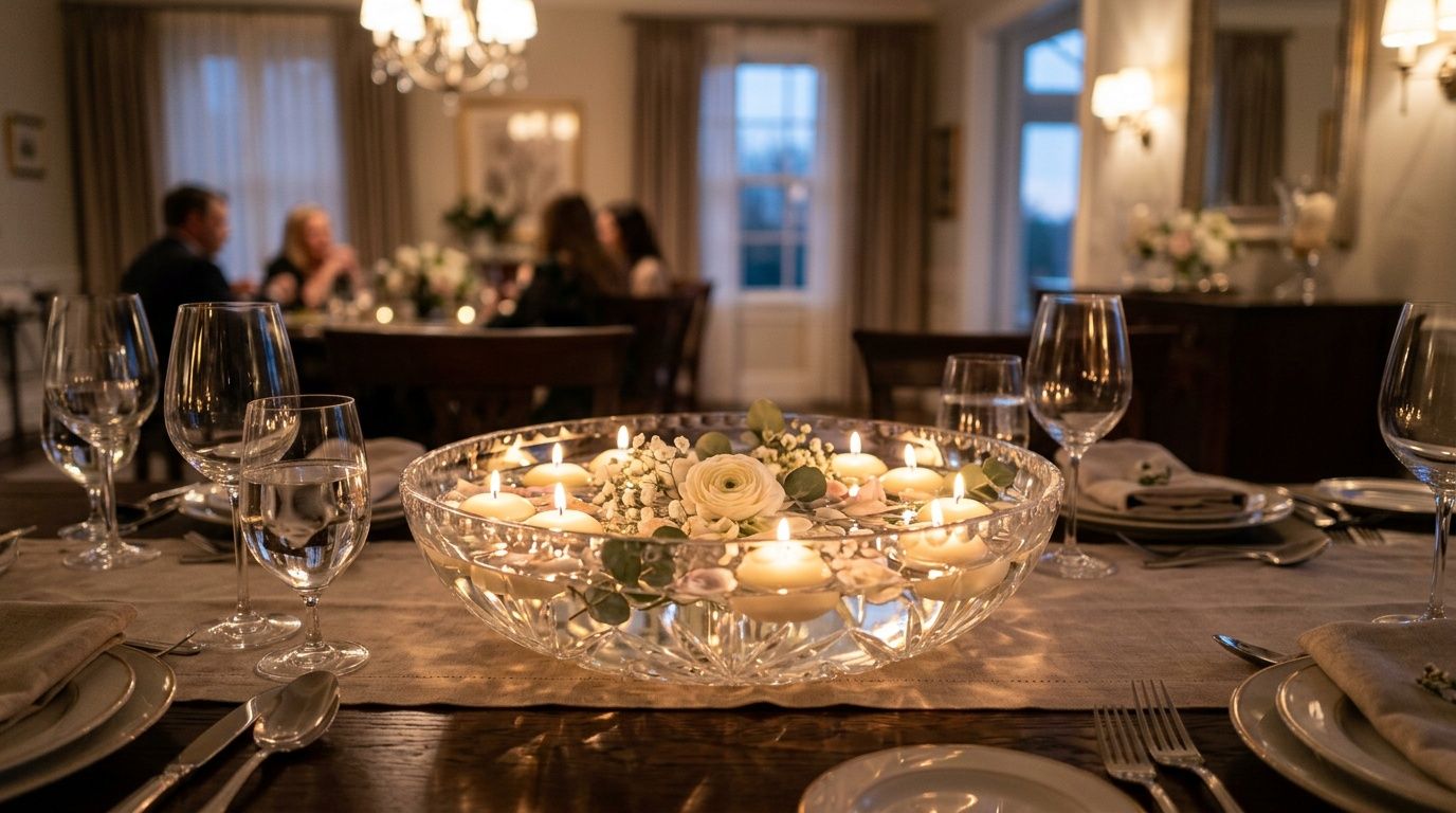 A crystal bowl centerpiece filled with water, floating candles, and white flowers on a dining table.