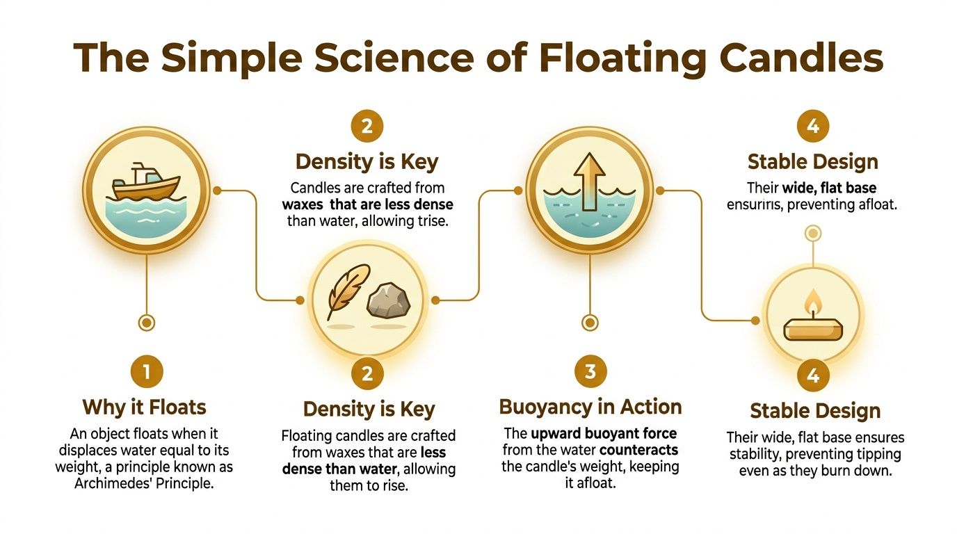 An infographic titled The Simple Science of Floating Candles explaining buoyancy and the design of floating candles.