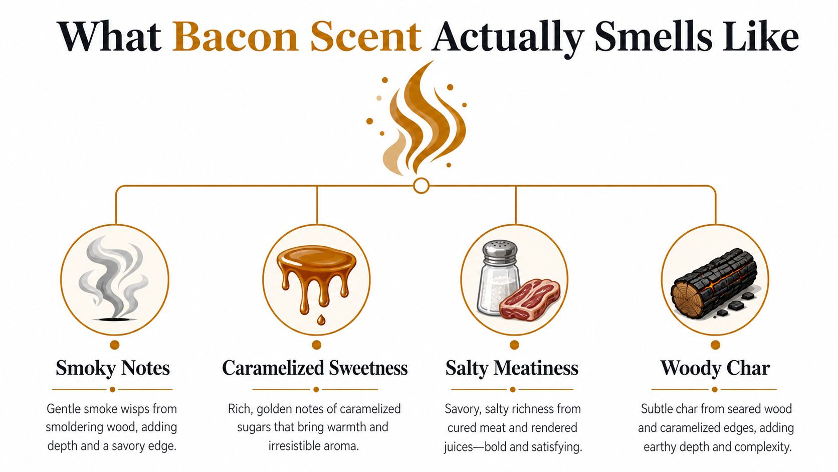 An infographic titled What Bacon Scent Actually Smells Like, breaking down its components into smoky, sweet, savory, and woody notes.