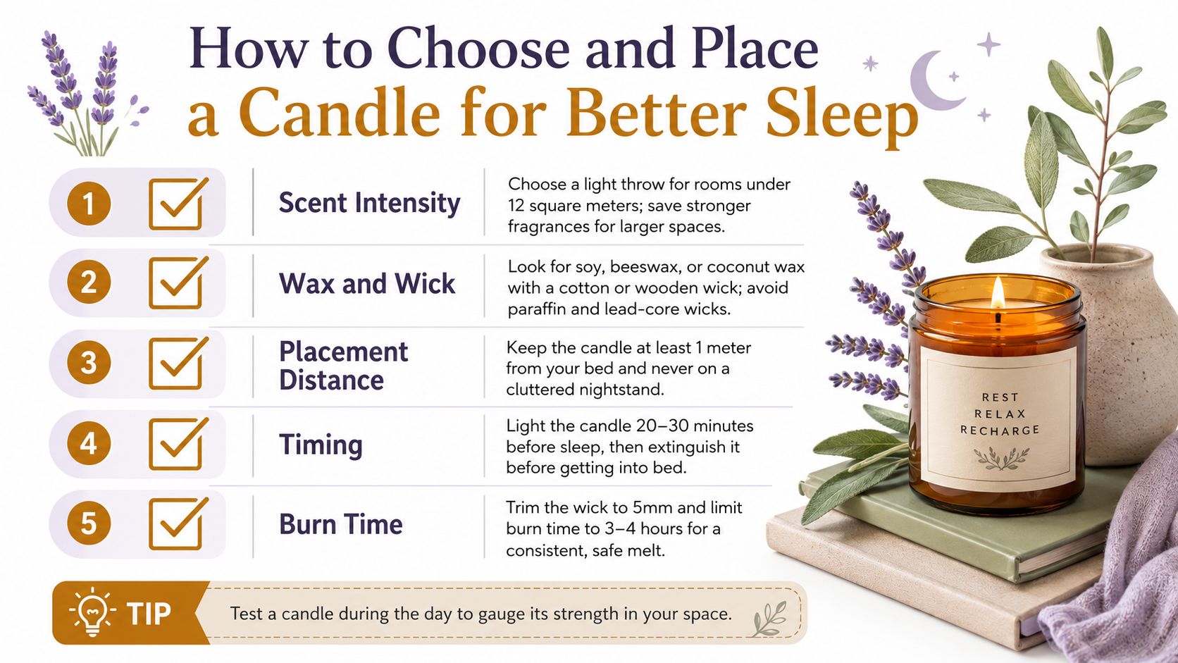 An infographic detailing five key tips for choosing and placing candles to improve sleep quality at night.
