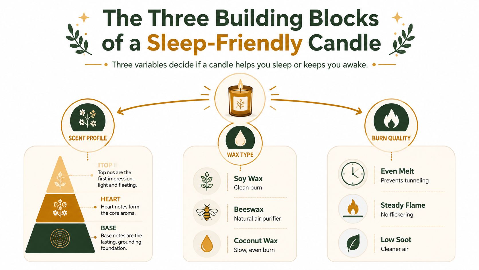 An infographic detailing the three key building blocks of a sleep-friendly candle: scent profile, wax type, and burn quality.