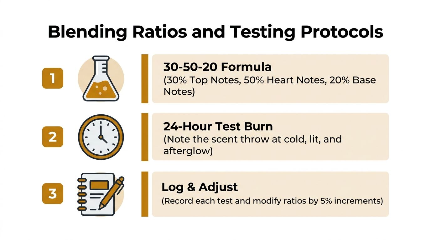 A graphic showing a three-step process for creating candle scent combinations, including formulas and testing protocols.