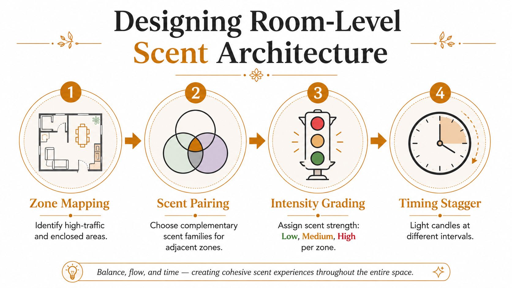 A step-by-step infographic illustrating a four-stage process for designing room-level scent architecture for home fragrance.