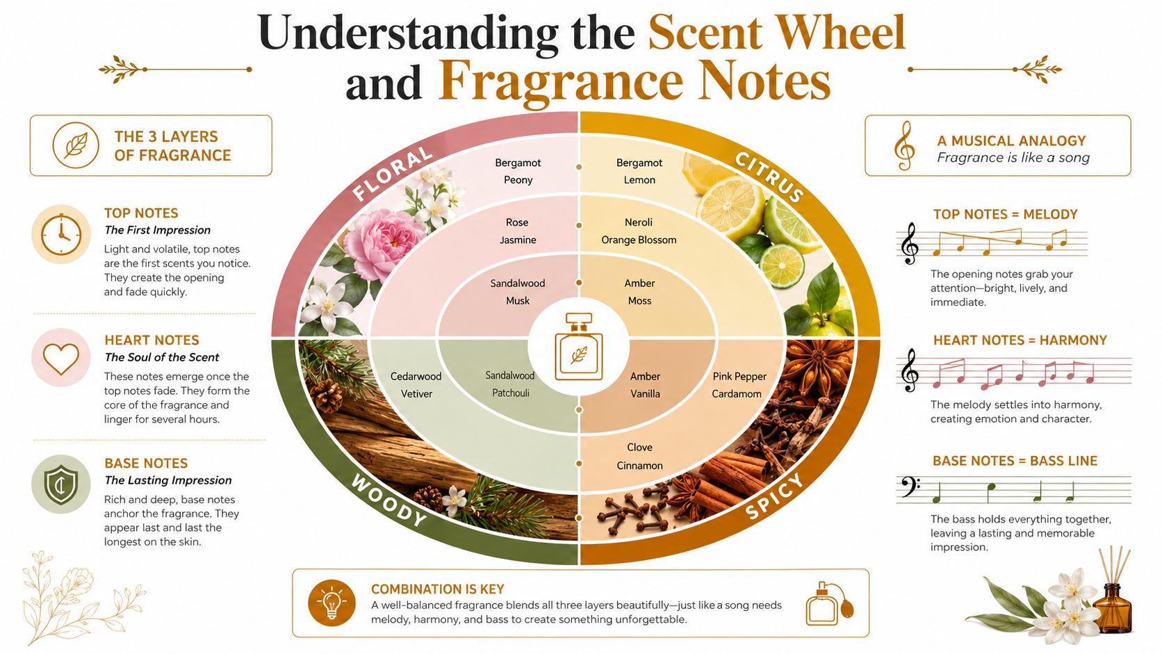 An educational infographic explaining the scent wheel, fragrance notes, and their musical analogies for perfumery.