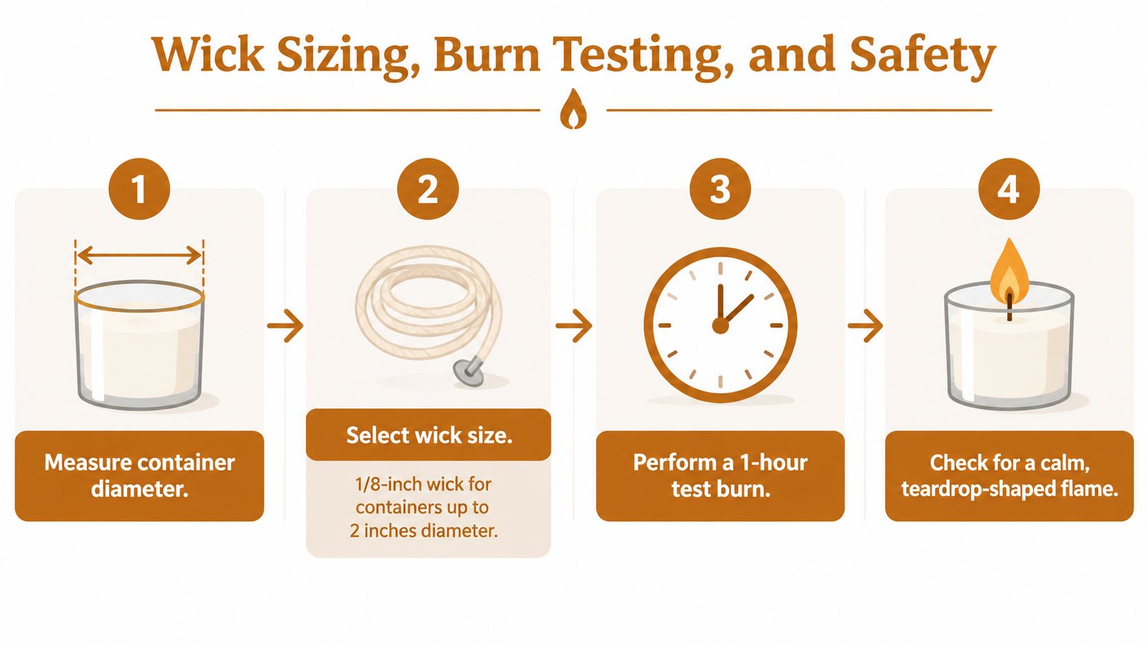 An infographic showing four steps for wick sizing, burn testing, and candle safety.