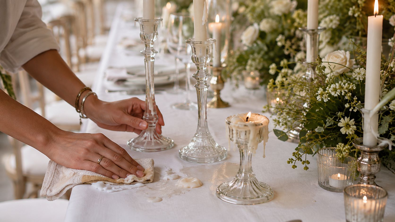 A person cleaning spilled wax off a long dining table decorated with elegant crystal candle centerpieces.